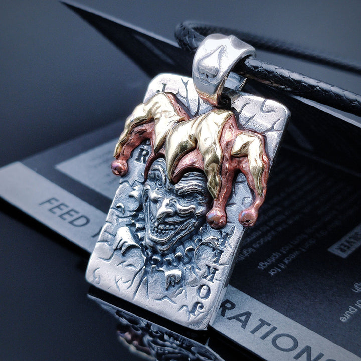 [1015] Retro Design Craft Hand Made S925 Silver Joker Pendant with Chain - Taffu Craft Studio