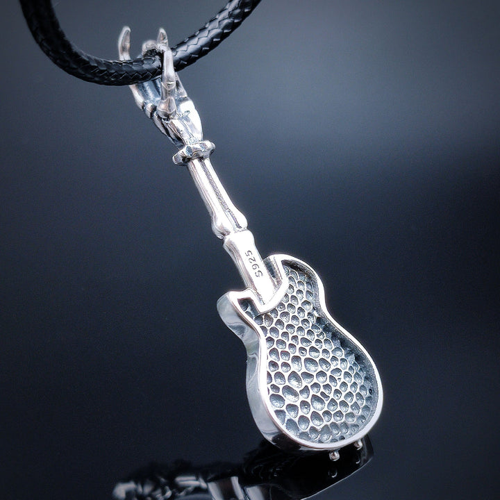 [1040] Retro Design S925 Sterling Silver Skeleton Guitar Pendant with Chain - Taffu Craft Studio